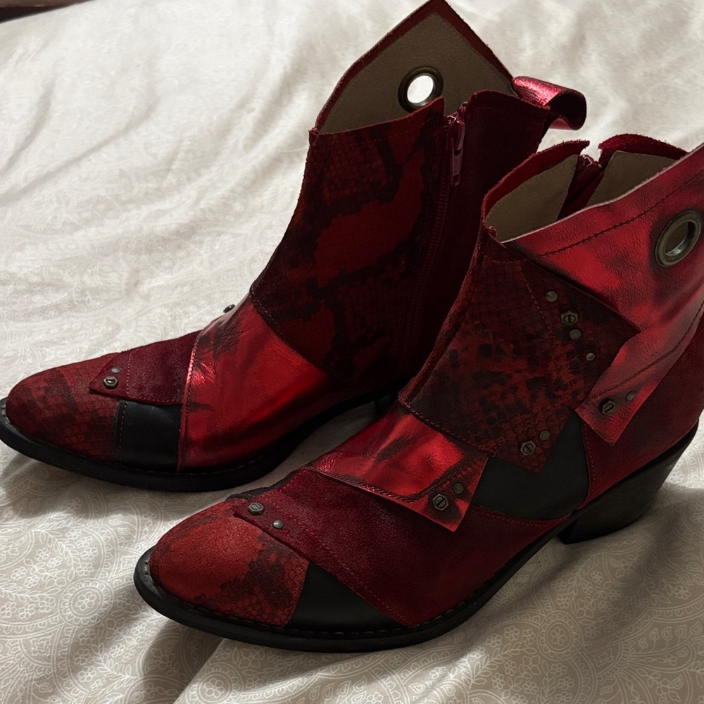 Casta Red Patchwork Ankle Cowboy Boots